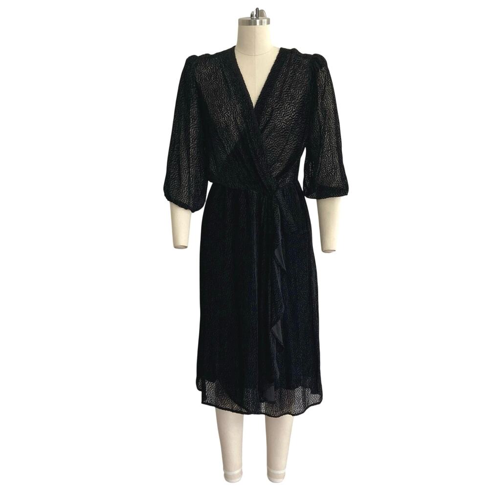 Black Flocked Velvet Rouje Wrap Dress
